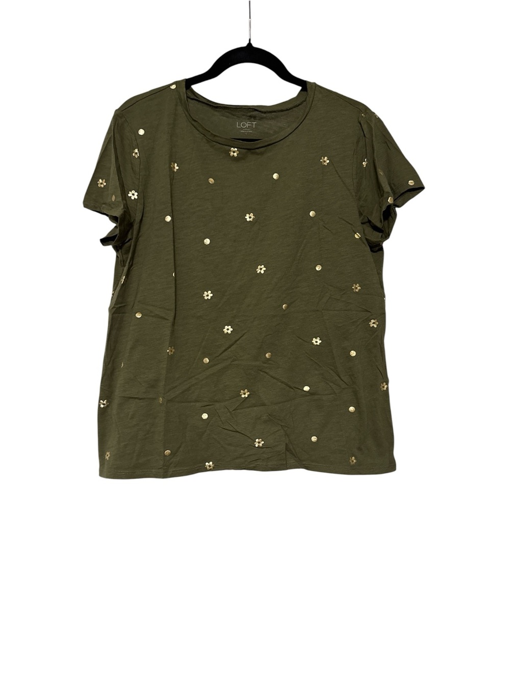 LOFT Olive Green Short Sleeve Tee with Gold Floral & Dot Accents
